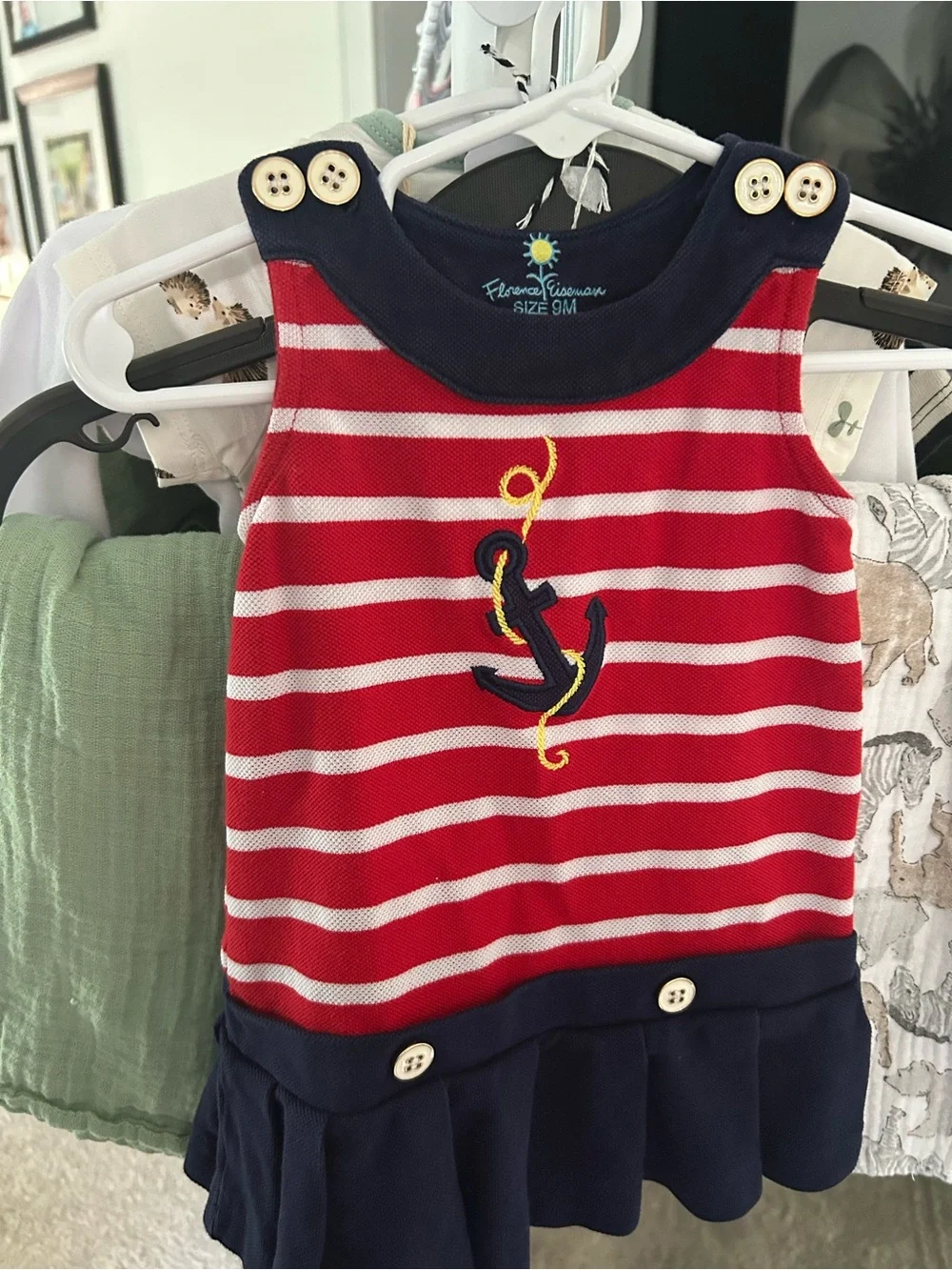 Florence Eiseman Red & Navy Striped Dress with Yellow Embroidery